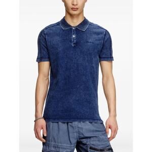 DIESEL Polo Shirt L Navy Acid-Wash Metal-Logo Short-Sleeve Slits Cotton Stretch